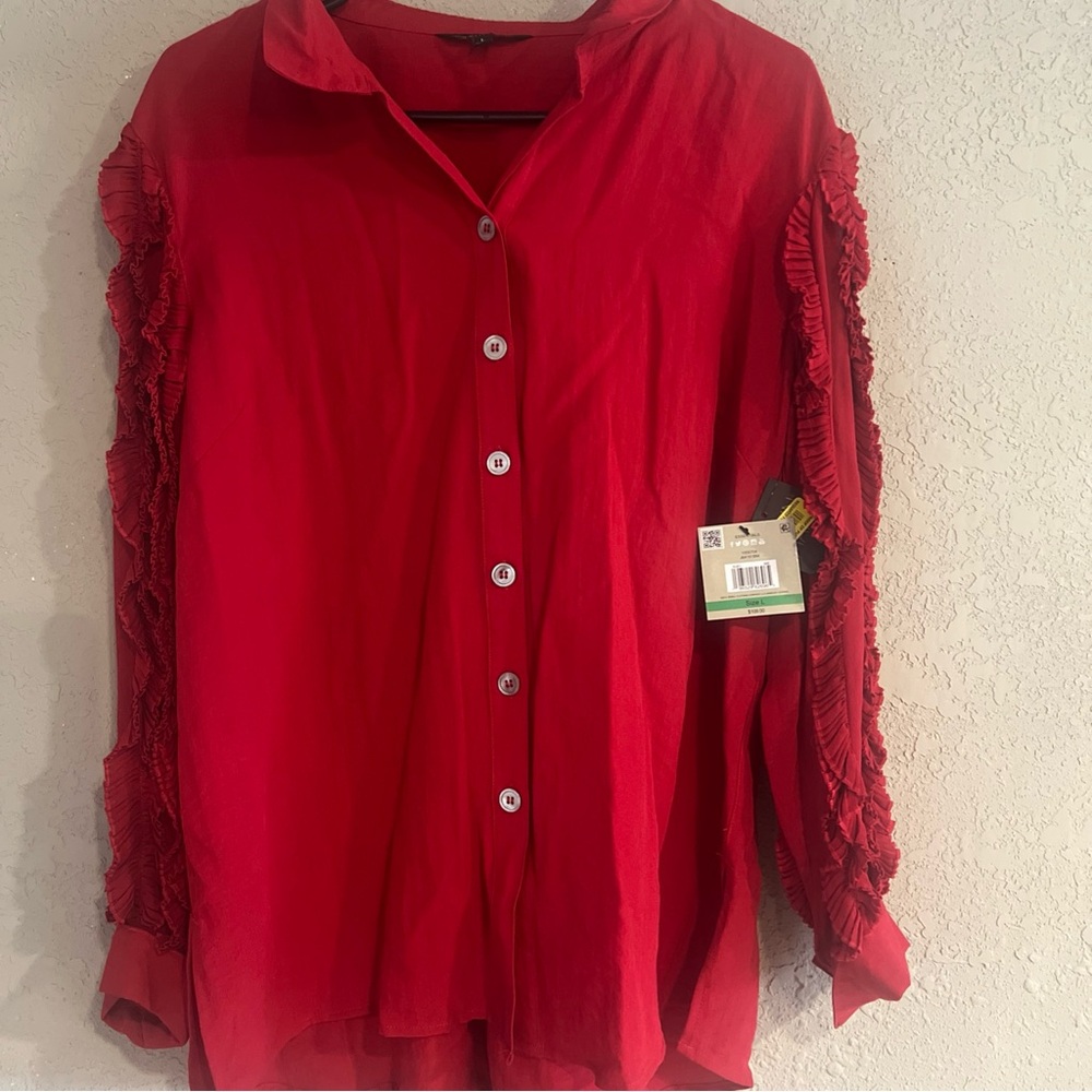 John Mark Vibrant Ruby Red Button-Down Blouse NWT Sz L Ruffle Sleeves Button